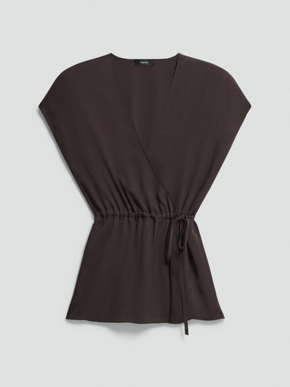 Theory Cacao Short-Sleeve Wrap Top in Silk Georgette Size P
